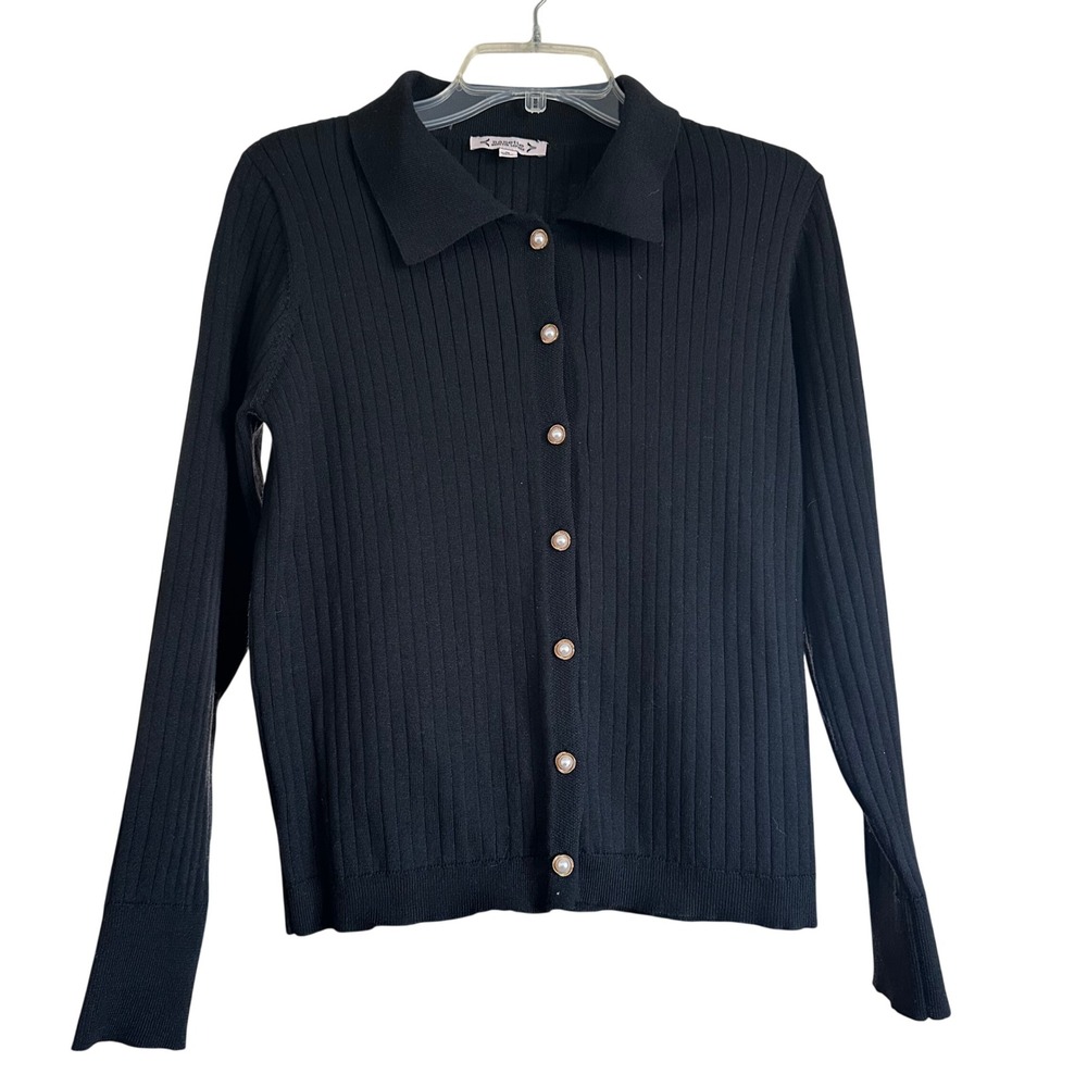Nanette Lepore Black Ribbed Faux Pearl Button Front Collared Knit Cardigan Sz M